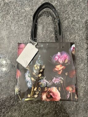 Ted Baker Black Patent Floral Tote with Multicolor Bloom Print